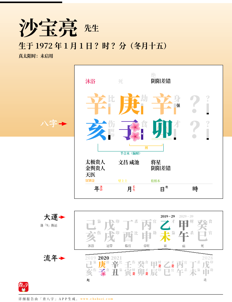 沙宝亮的出生日期生辰八字分析