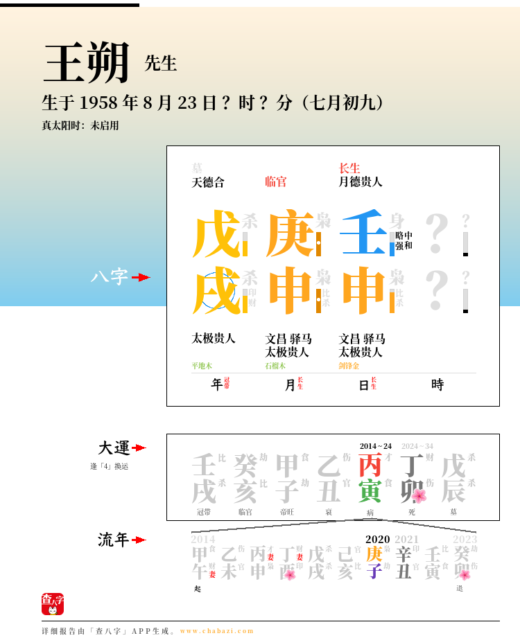 王朔的出生日期生辰八字分析