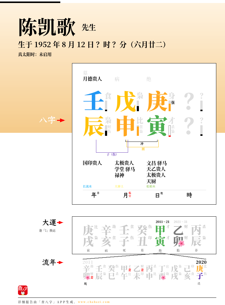 陈凯歌的出生日期生辰八字分析
